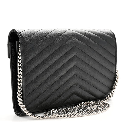 Saint Laurent Grain De Poudre Matelasse Chevron Monogram Chain Wallet Black 3 of 10