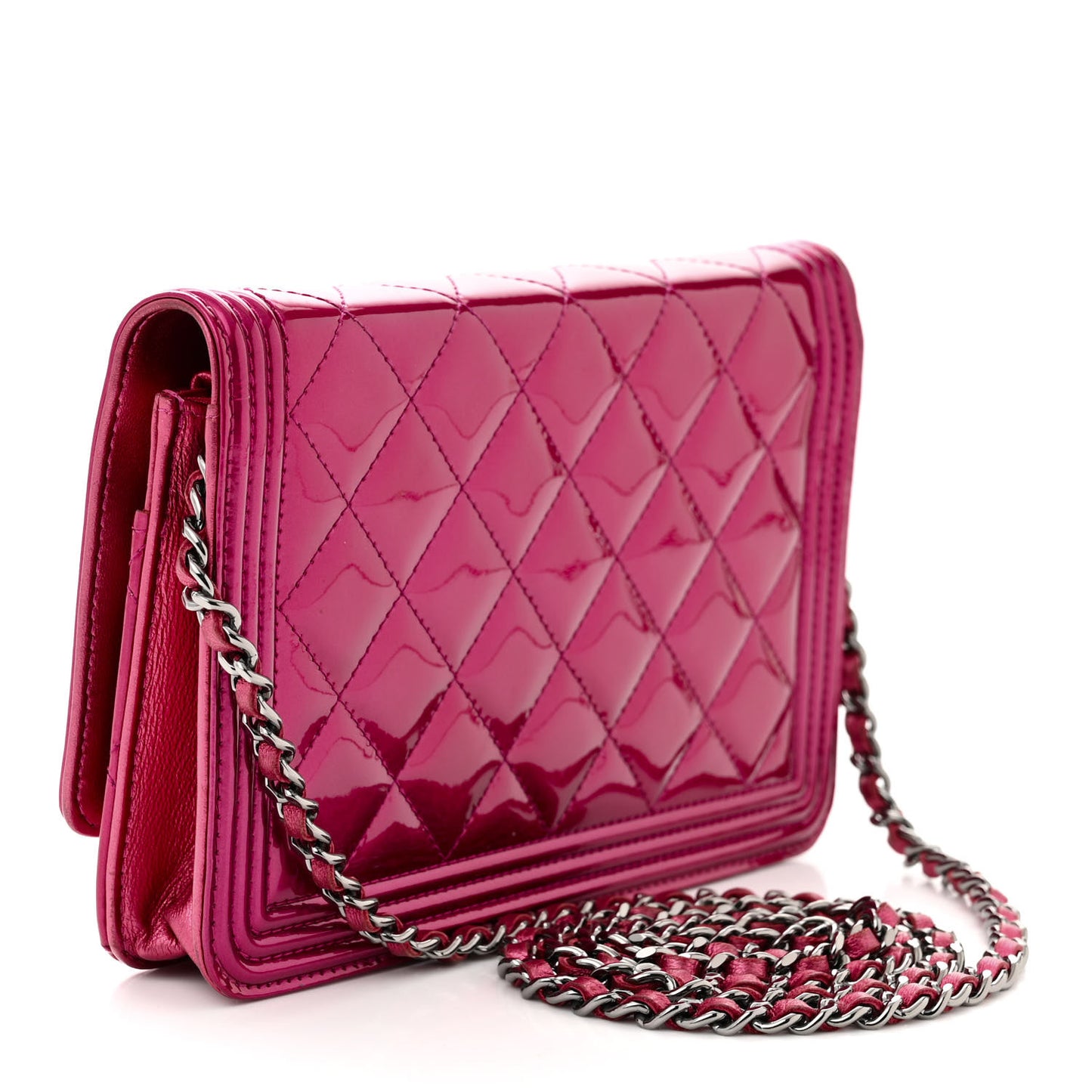 Metallic Patent Calfskin Quilted Boy Wallet On Chain WOC Fuchsia