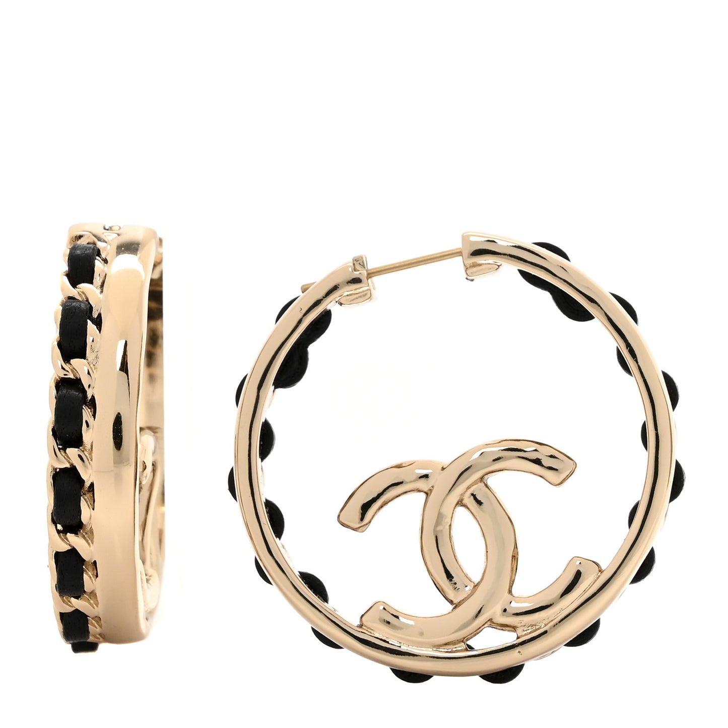 Lambskin CC Chain Hoop Earrings Black Gold