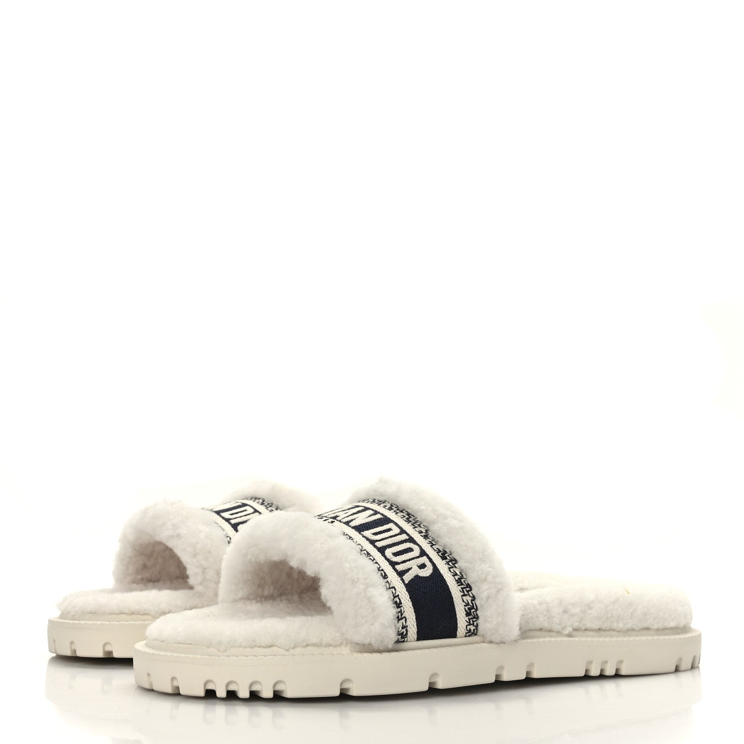 Christian Dior Shearling Canvas Embroidered Dway 10mm Slide Sandals 40 Natural Deep Blue 3 of 7