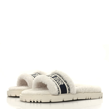 Christian Dior Shearling Canvas Embroidered Dway 10mm Slide Sandals 40 Natural Deep Blue 3 of 7