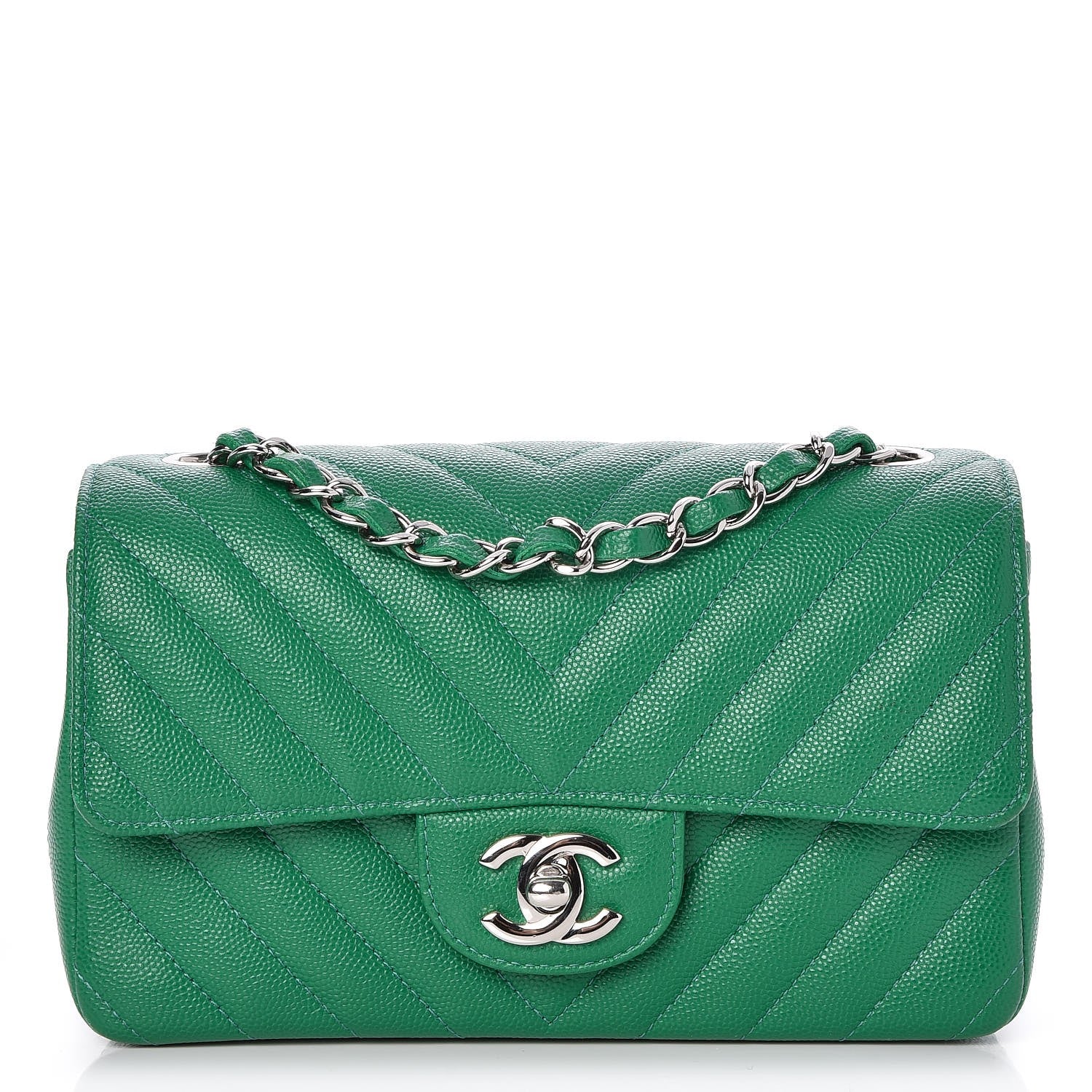 Chanel Caviar Chevron Quilted Mini Rectangular Flap Dark Green 1 of 10