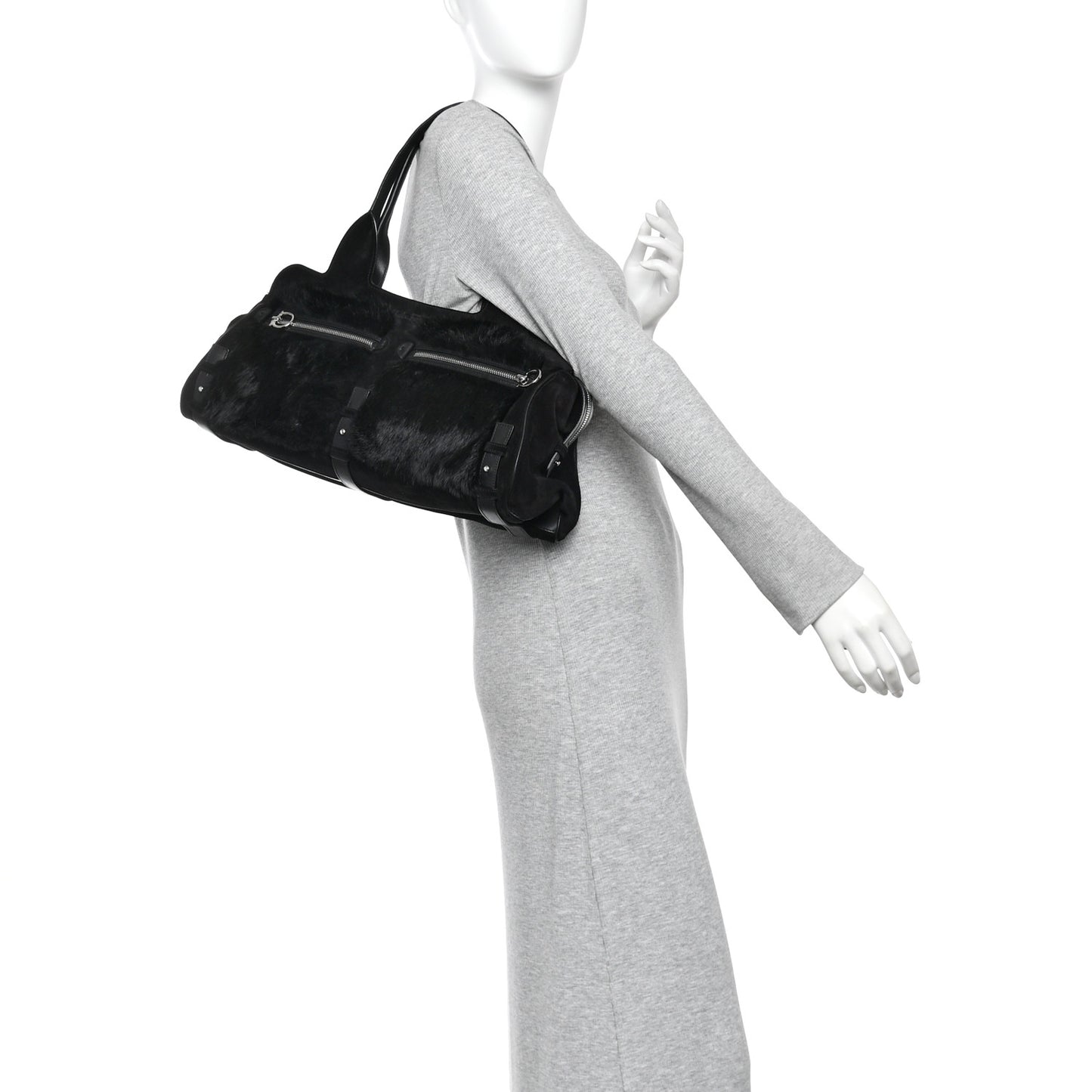 Fur Calfskin Suede Top Handle East West Tote Bag Black