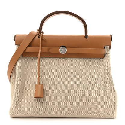 Hermes Toile Vache Calfskin Herbag 30 PM Black Natural 1 of 16