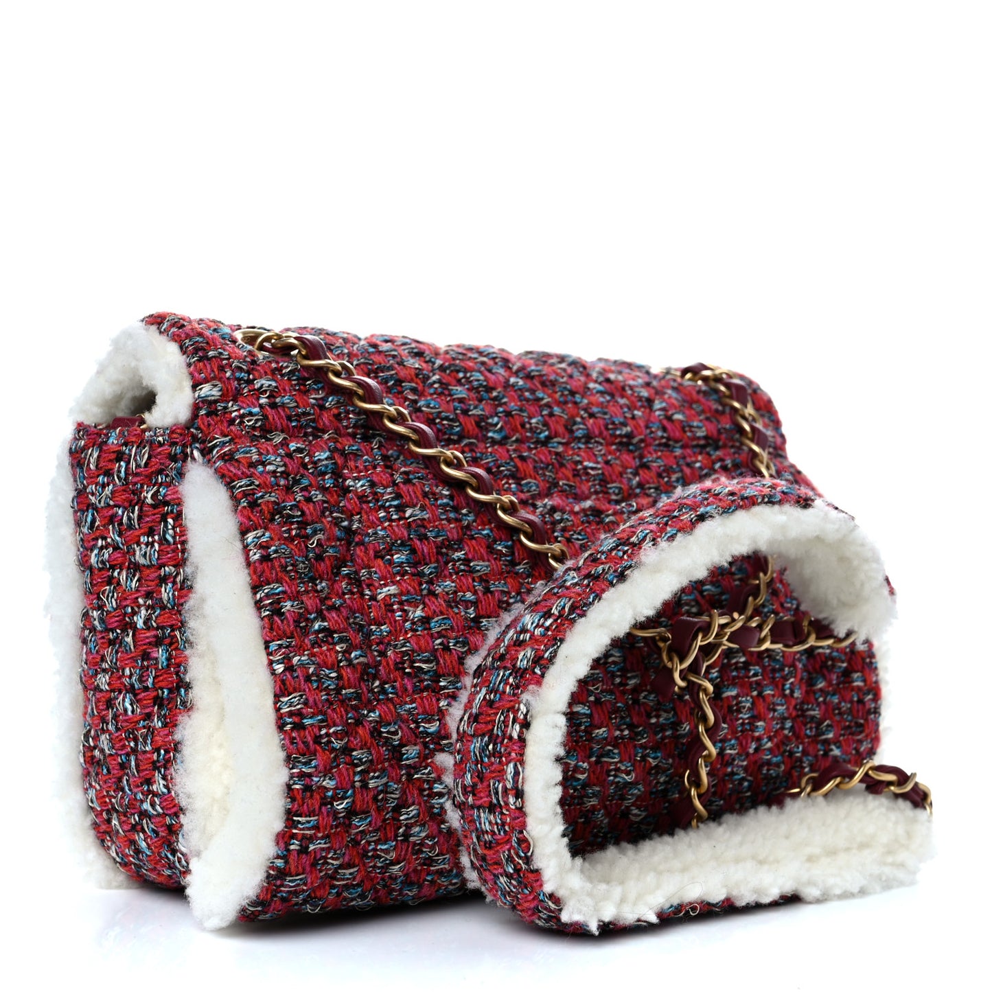 Tweed Shearling Quilted Large CC Flap Bag Red