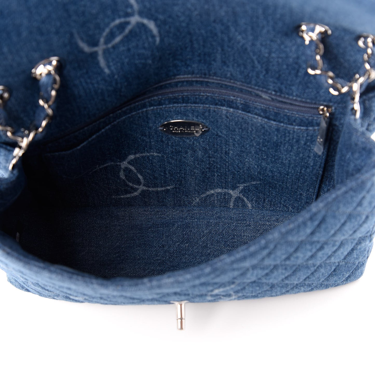 Denim Quilted CC Print Jumbo Single Flap Blue