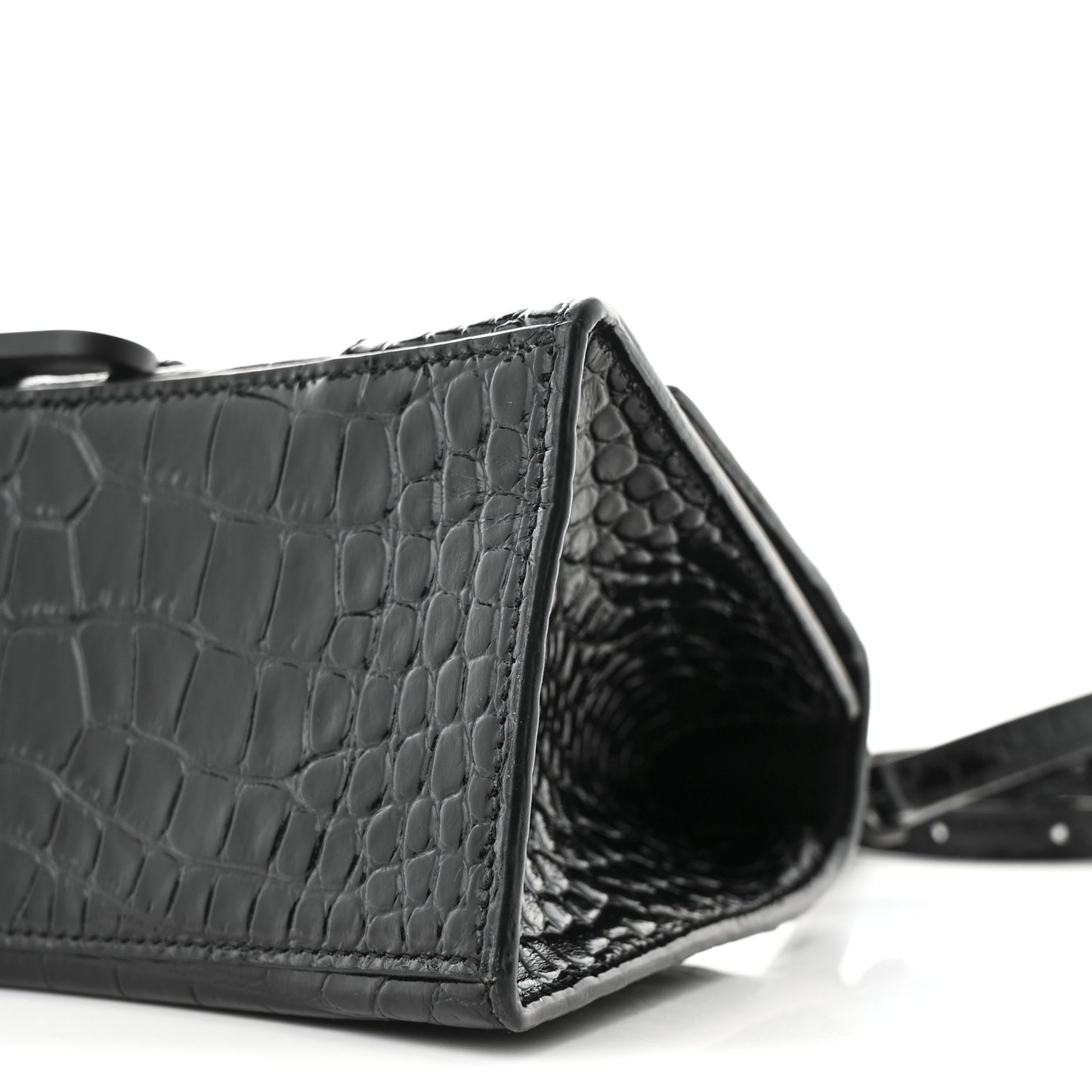 Shiny Calfskin Monochrome Crocodile Embossed Small Hourglass Top Handle Bag Black