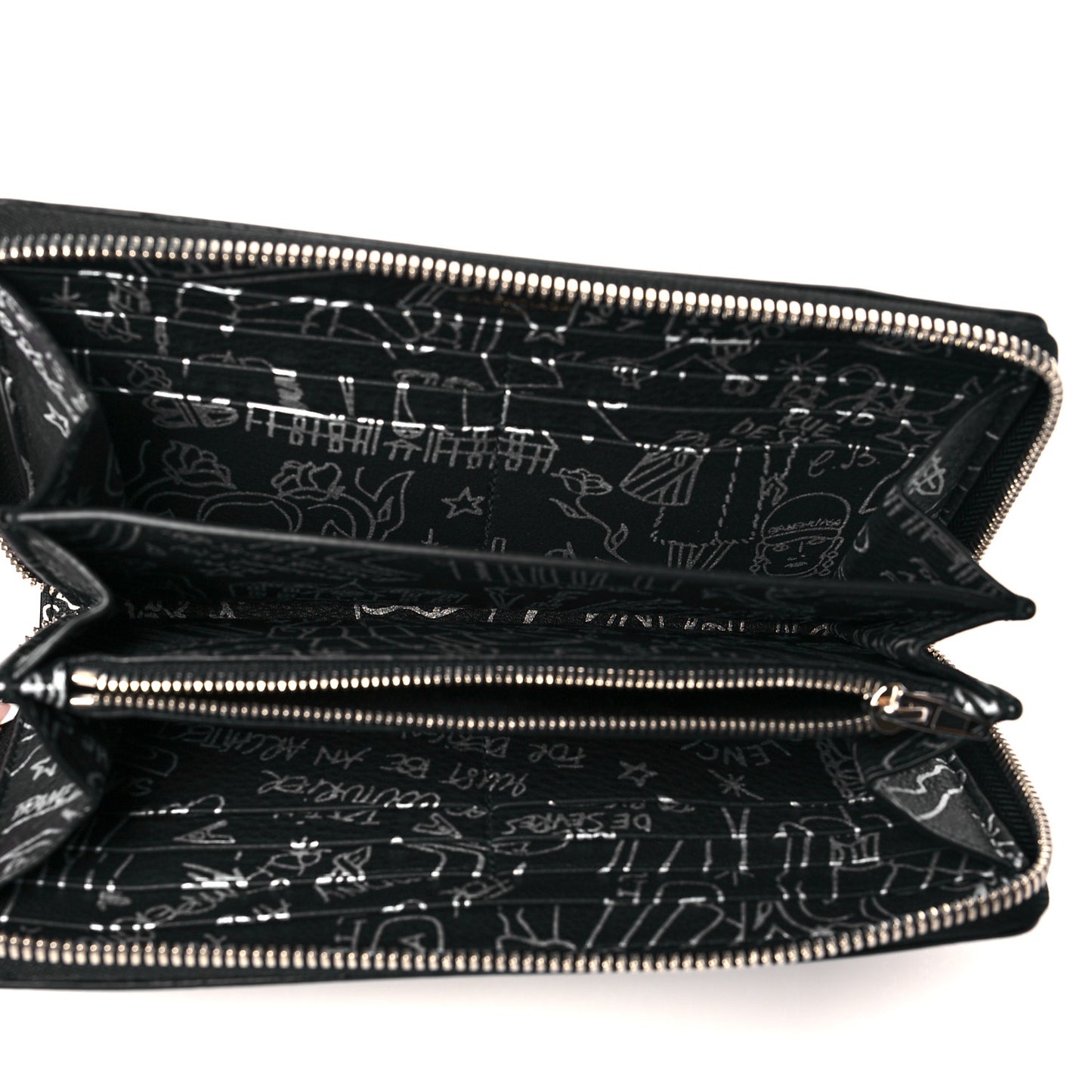 Calfskin Classic Silver Hardware Printed Tattoo Everyday Continental Zip Around Wallet Black