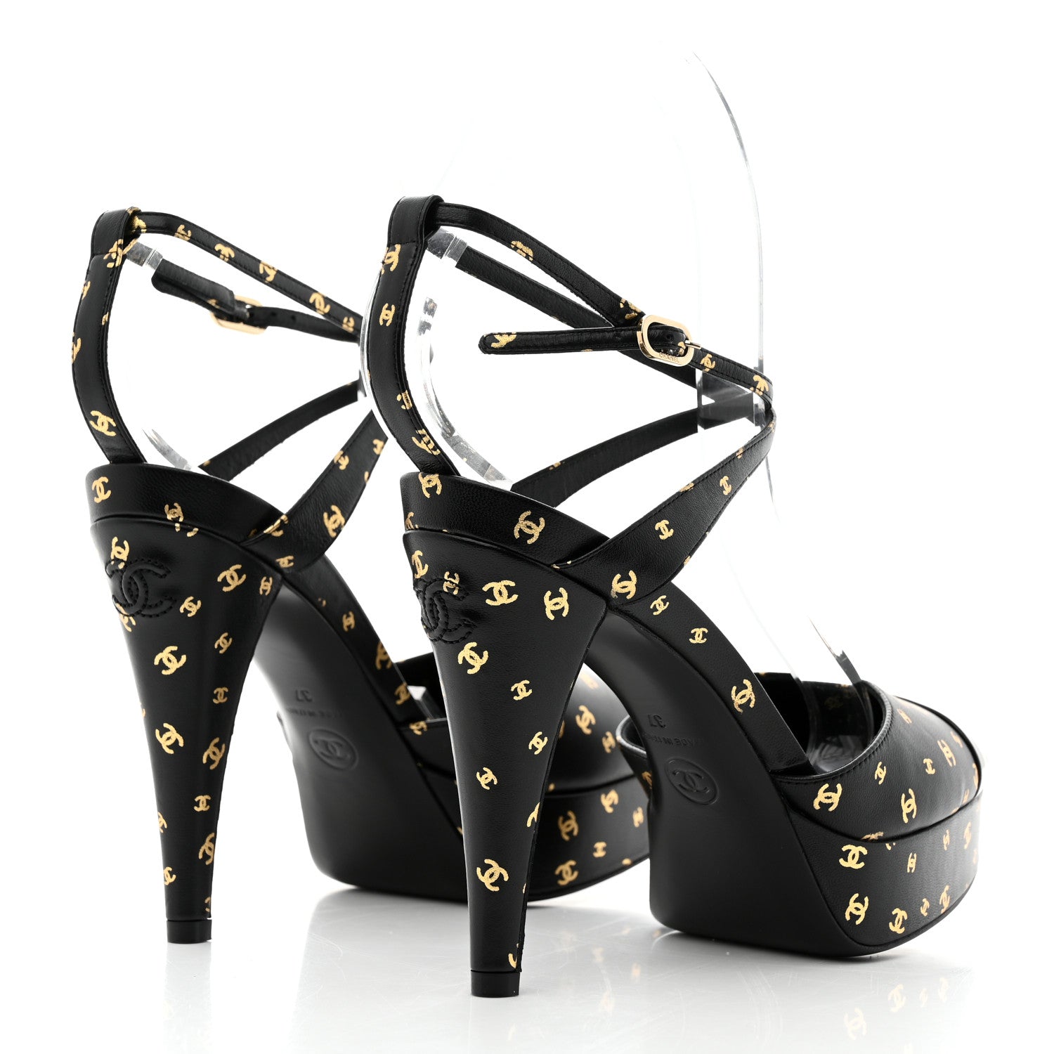Chanel Printed Lambskin CC Platform Pumps 37 Black Gold 4 of 9