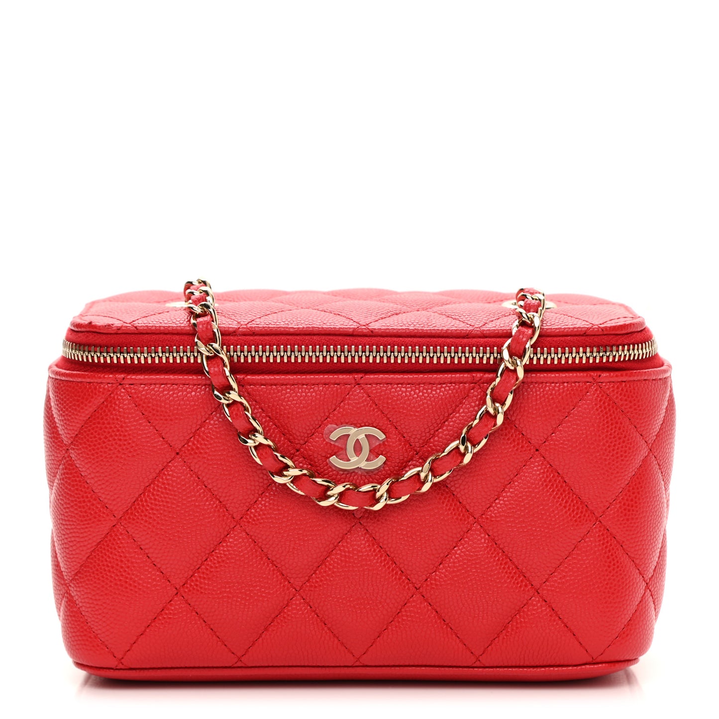 Caviar Quilted Small Vanity Case With Chain Red