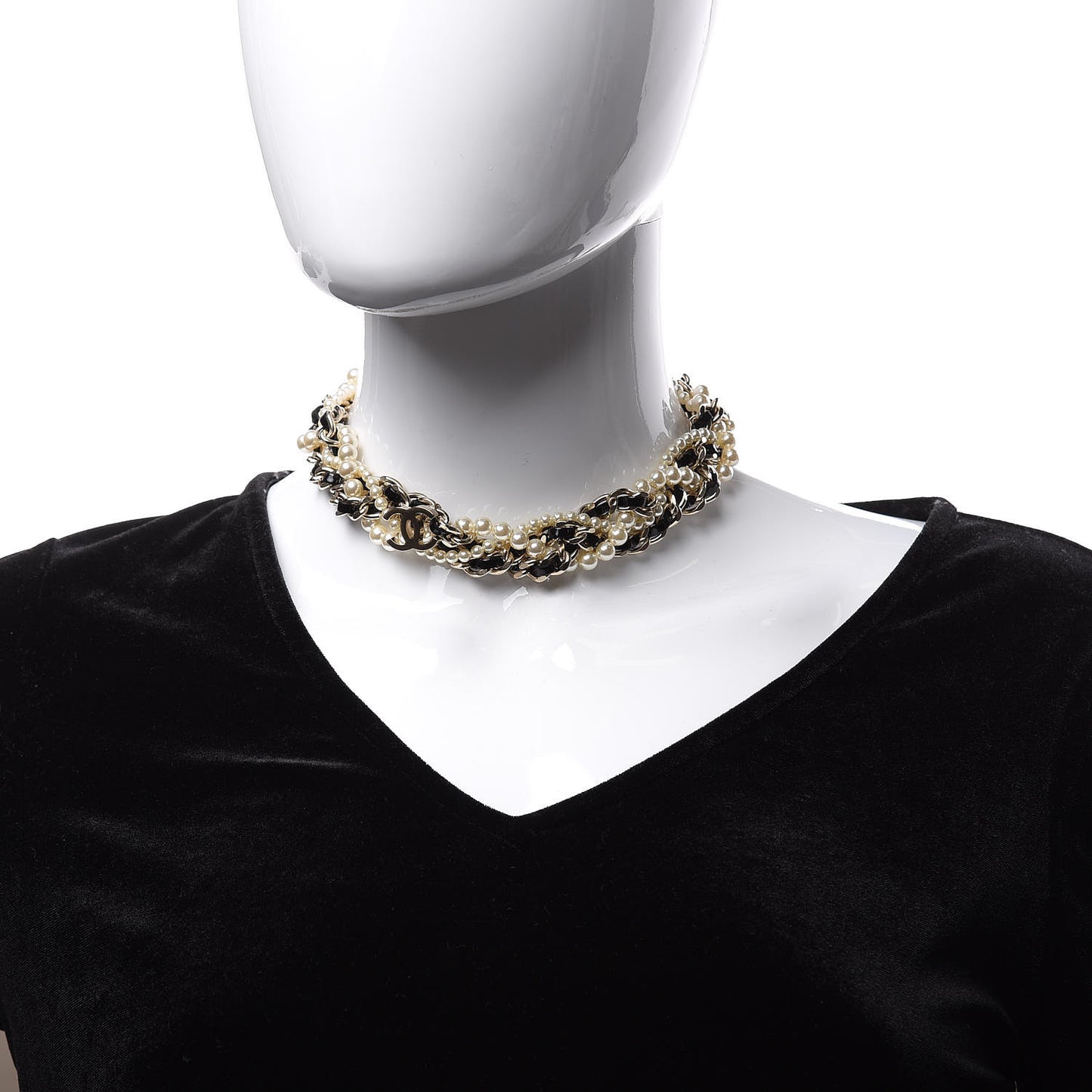 Pearl CC Chain Choker Necklace Black Gold