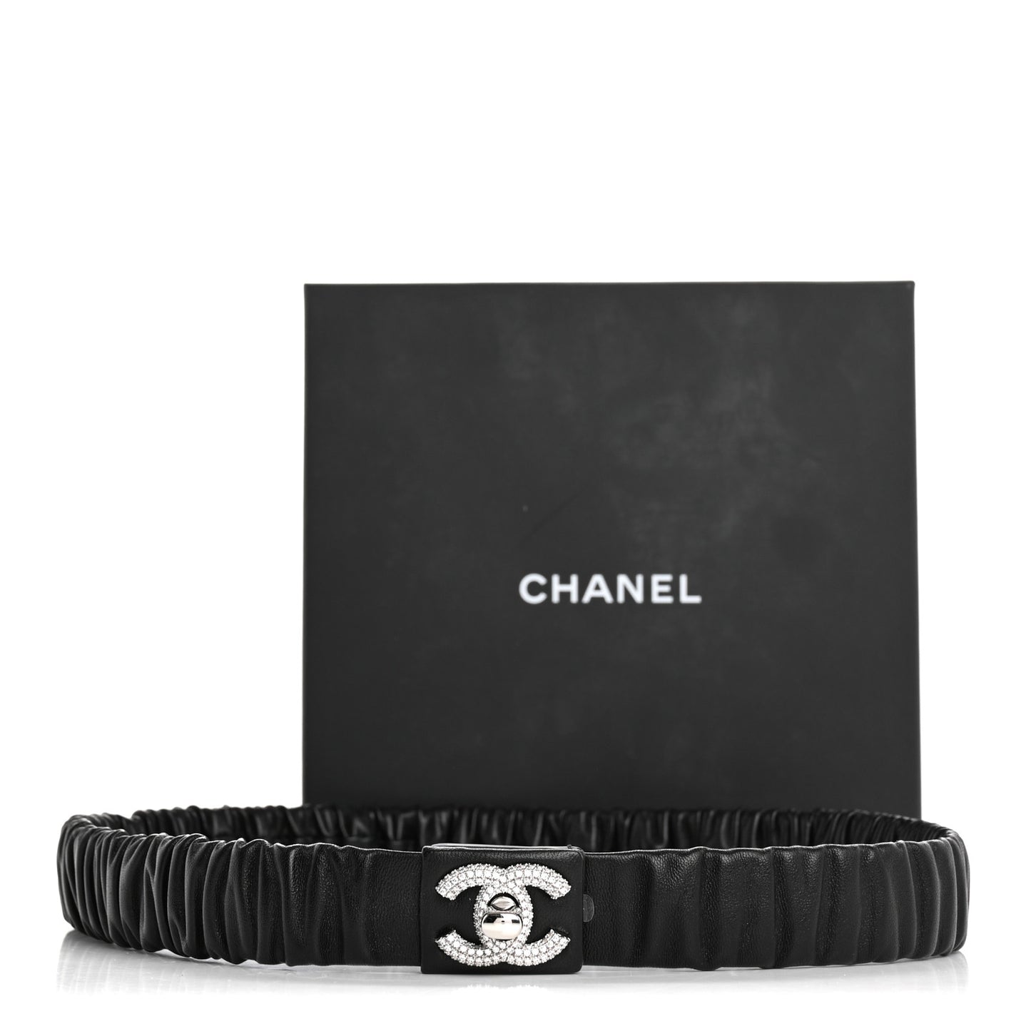 Ruched Calfskin Crystal CC Turnlock Belt  80 32 Black