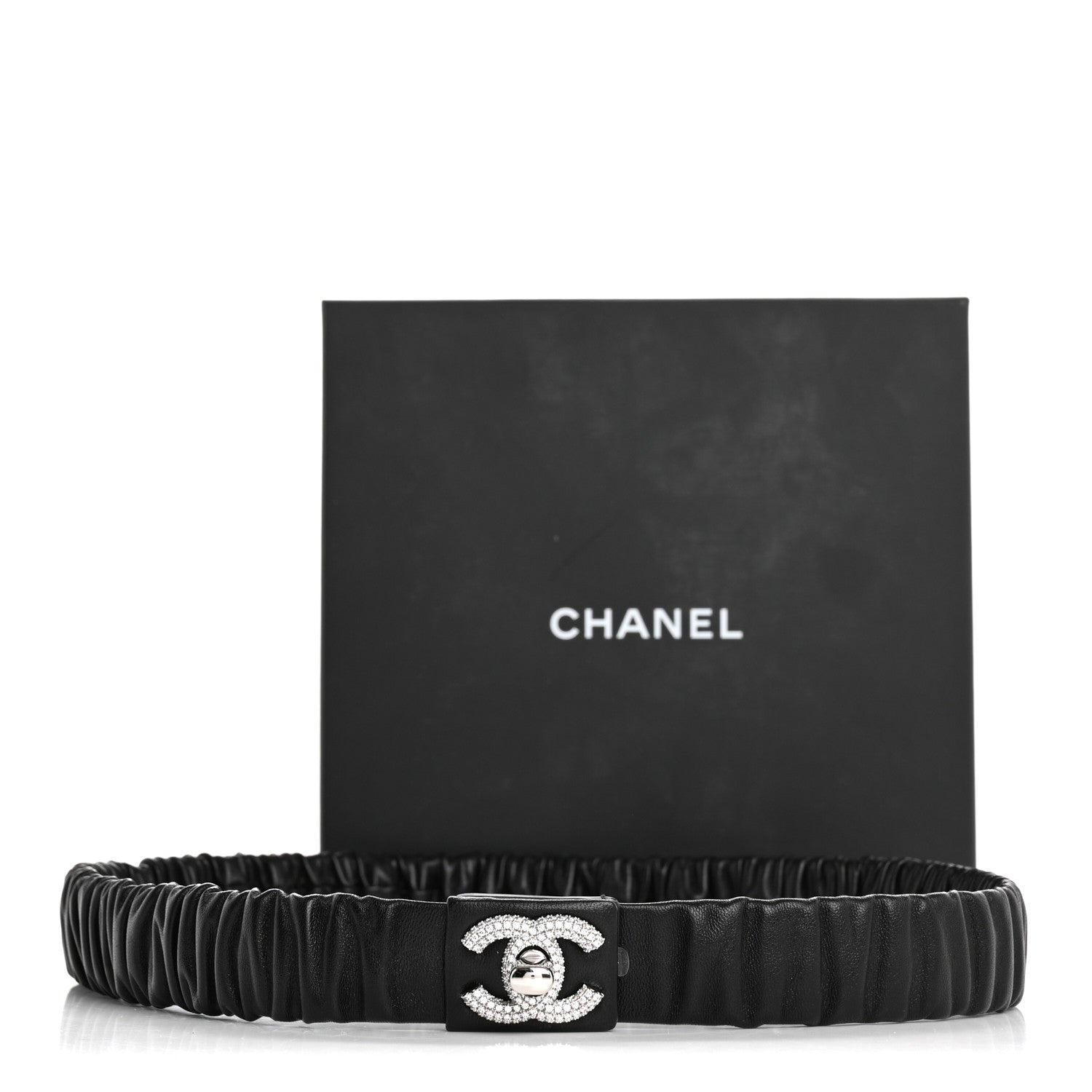 Chanel Ruched Calfskin Crystal CC Turnlock Belt  80 32 Black 4 of 4