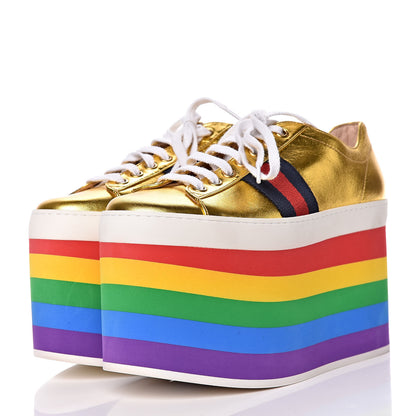 Gucci Metallic Nappa Peggy Platform Sneakers 37.5 Oro Vecchio 3 of 11