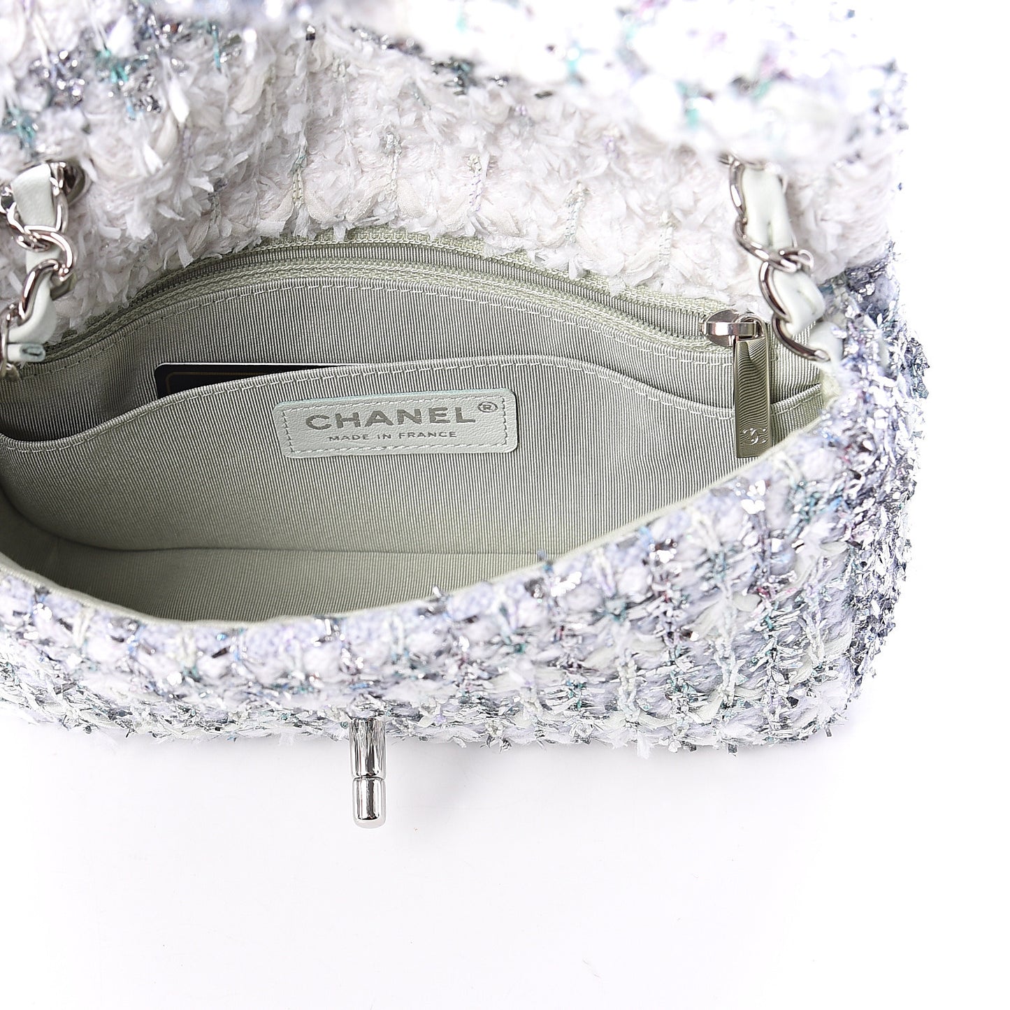Tweed Quilted Mini Rectangular Flap Light Green Silver White