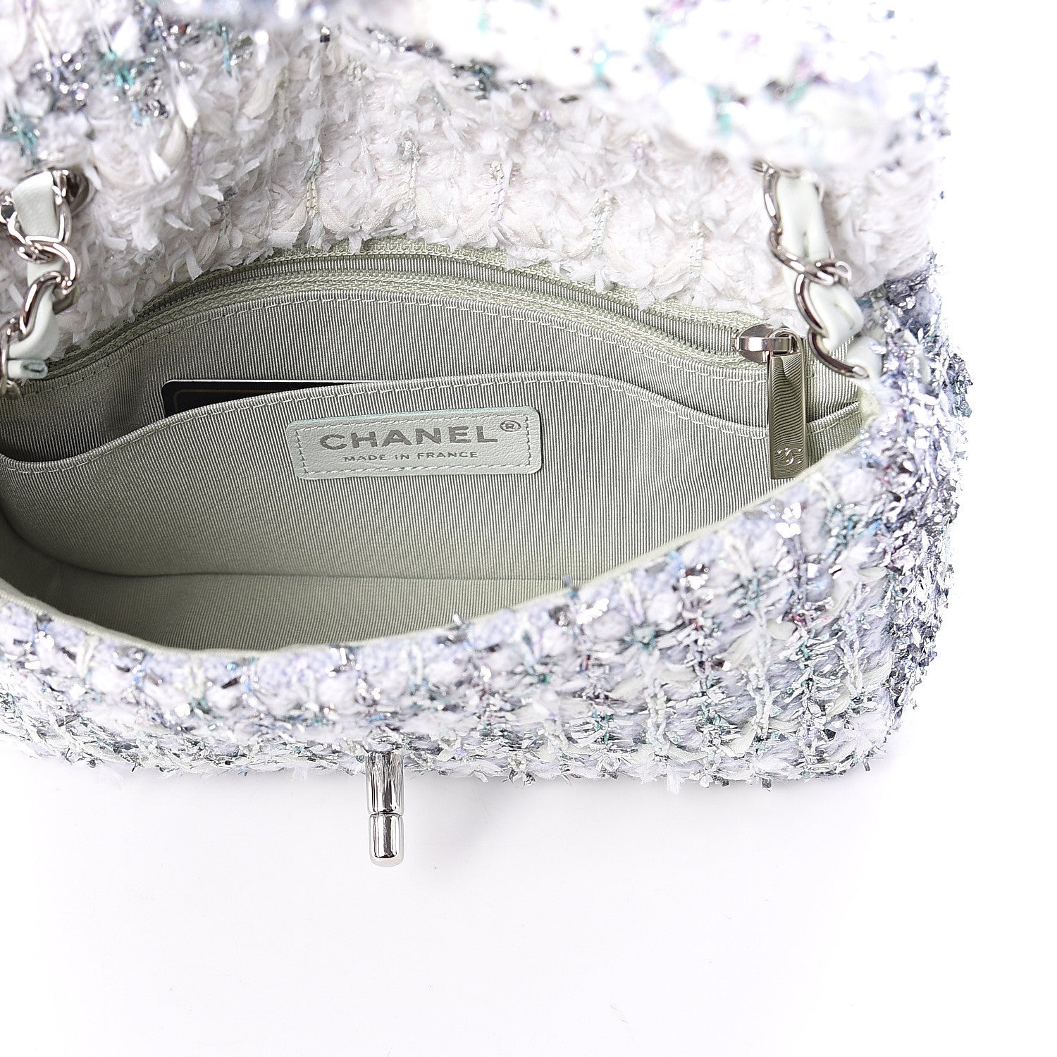 Chanel Tweed Quilted Mini Rectangular Flap Light Green Silver White 4 of 8