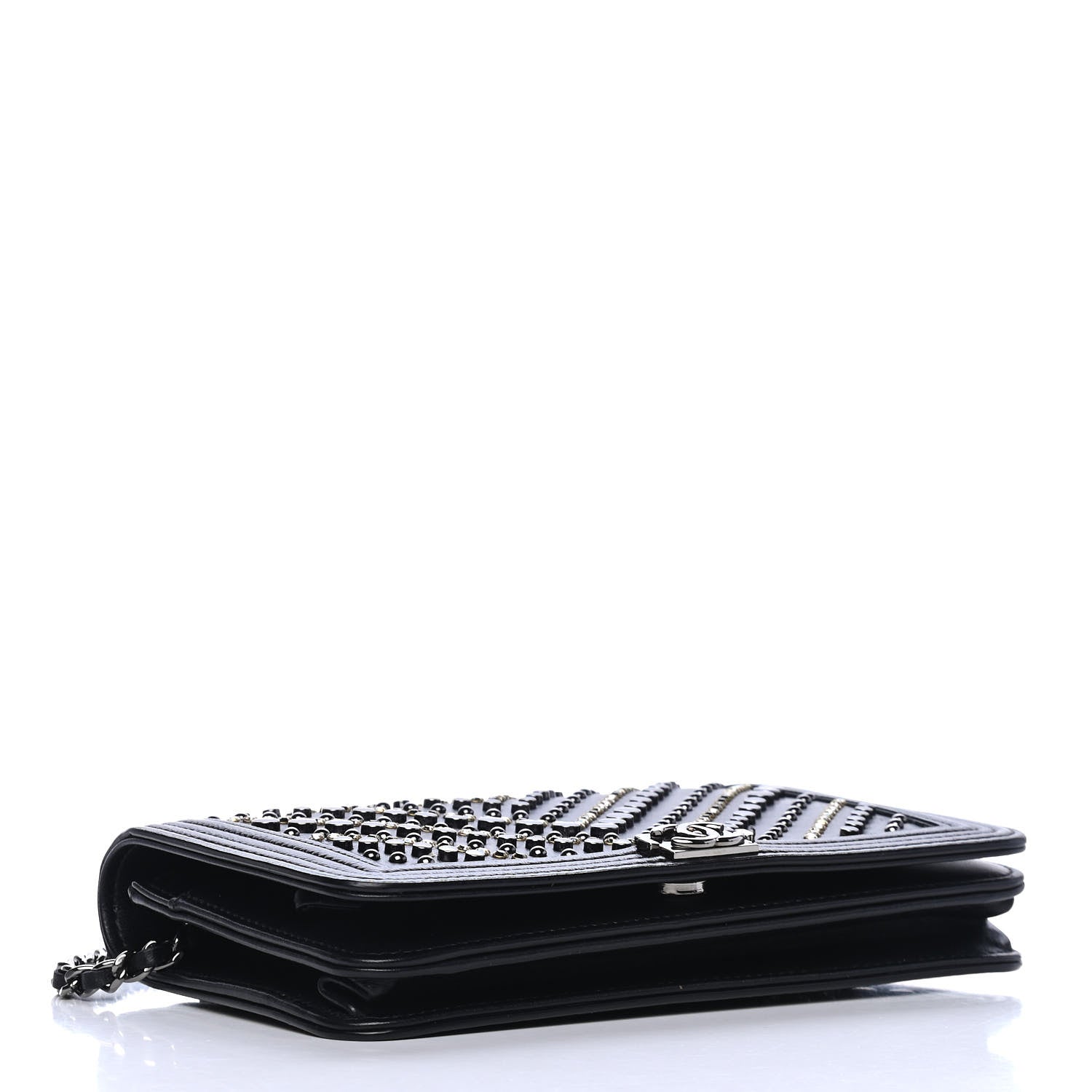 Chanel Calfskin Crystal Studded Chevron Boy Wallet On Chain WOC Black 3 of 4
