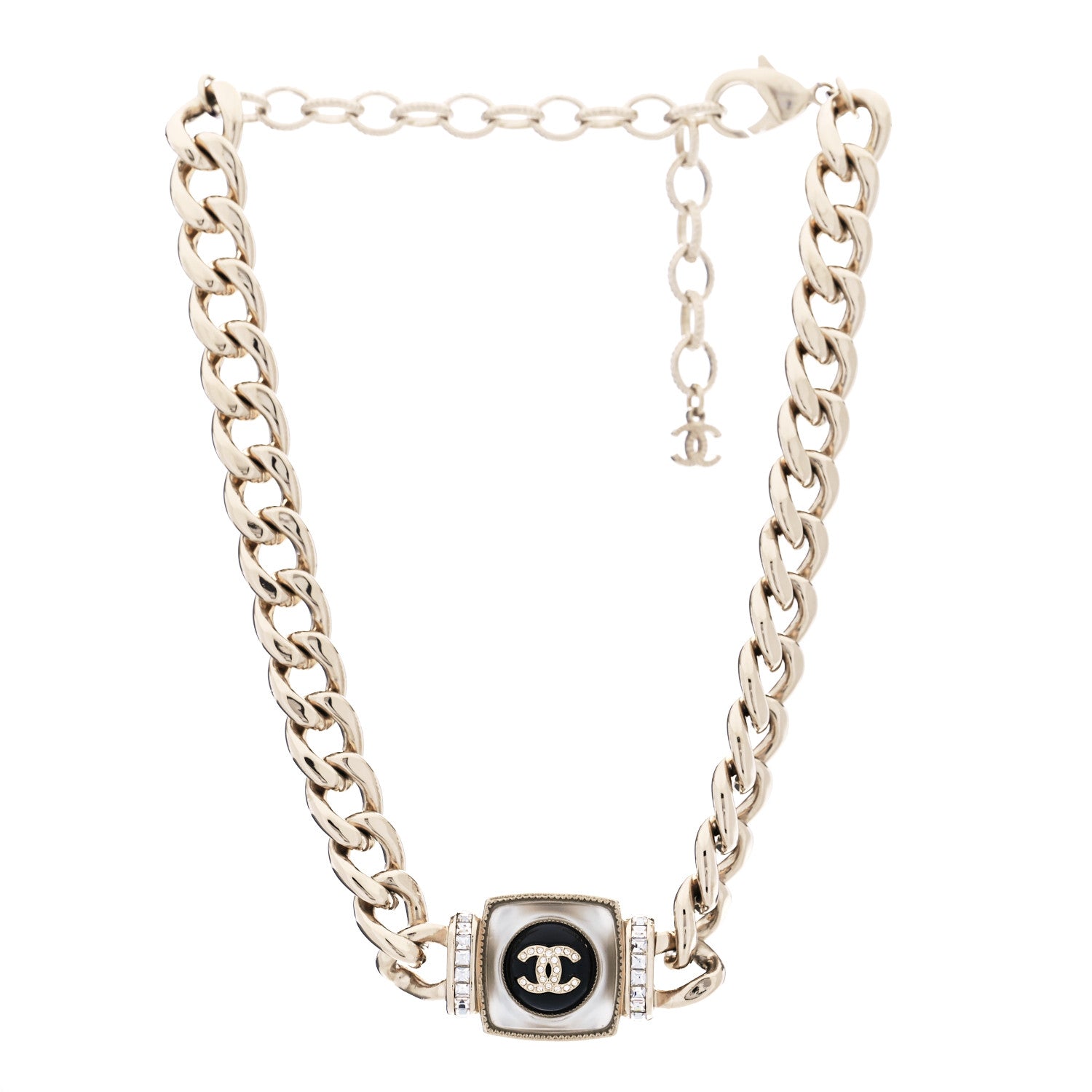 Chanel Metal Glass Pearl Strass CC Pendant Necklace Black Gold 3 of 5