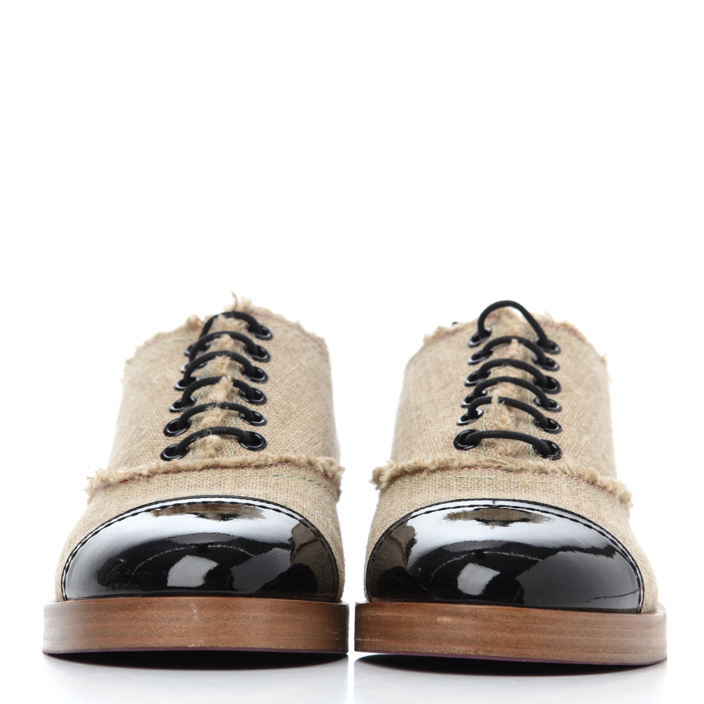 Fabric Patent Calfskin Lace Up Cap Toe Oxfords 39.5 Beige Black