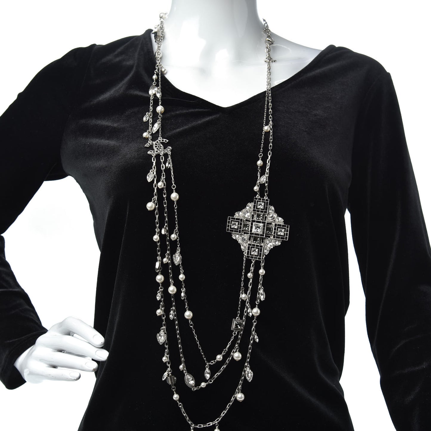 Pearl Baguette Crystal CC Maltese Cross Necklace Silver Black