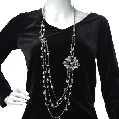 Chanel Pearl Baguette Crystal CC Maltese Cross Necklace Silver Black 2 of 6