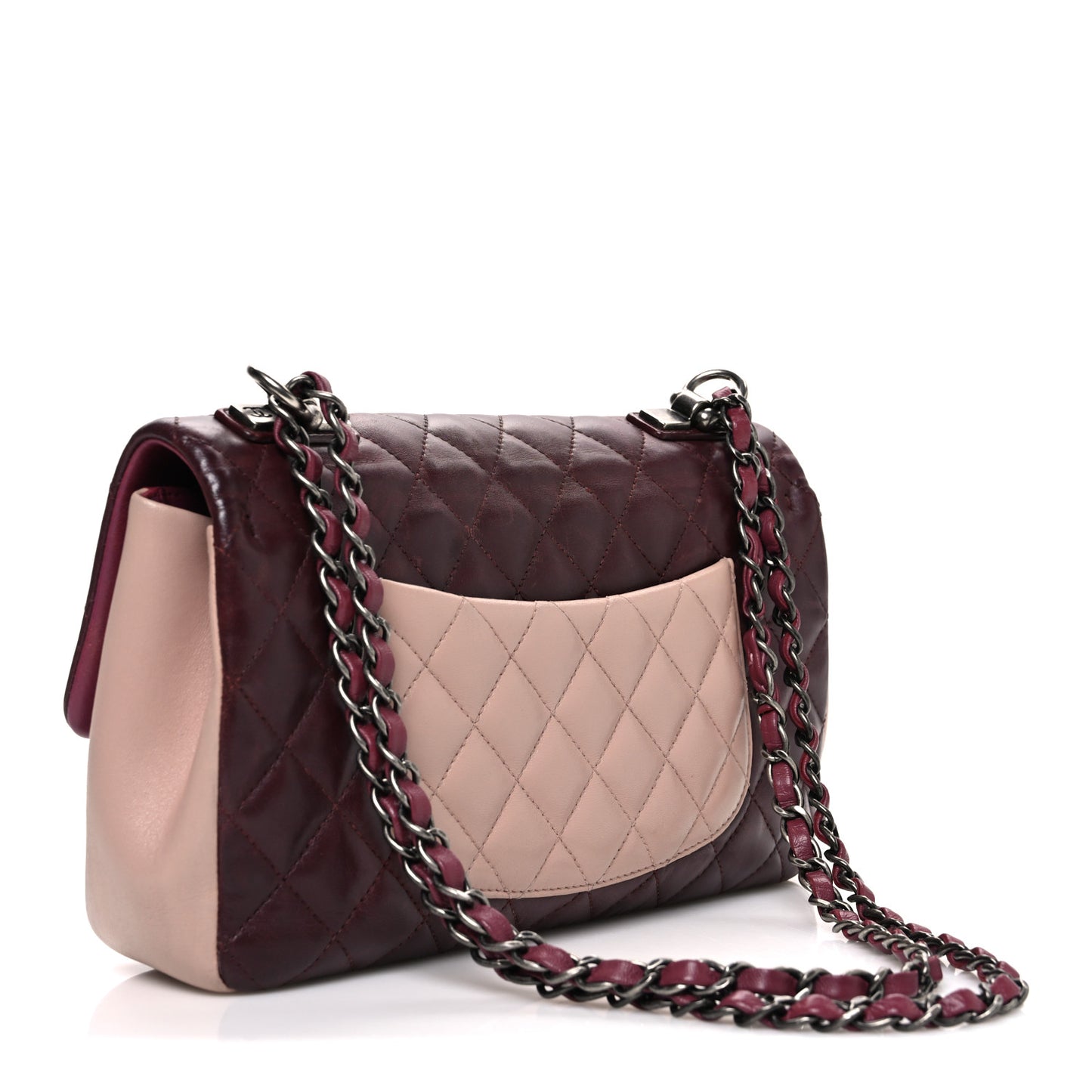 Lambskin Quilted Medium Tri-Color Flap Burgundy Dark Pink
