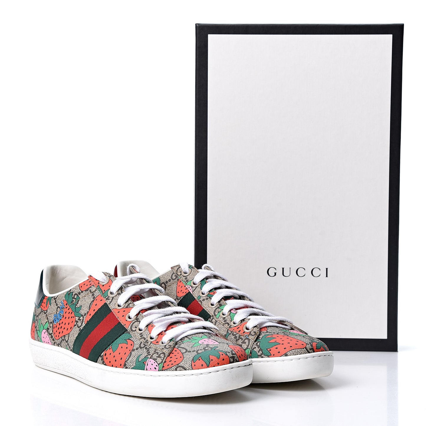 GG Supreme Monogram Strawberry Web Womens Ace Sneakers 39 Beige Multicolor Red Green