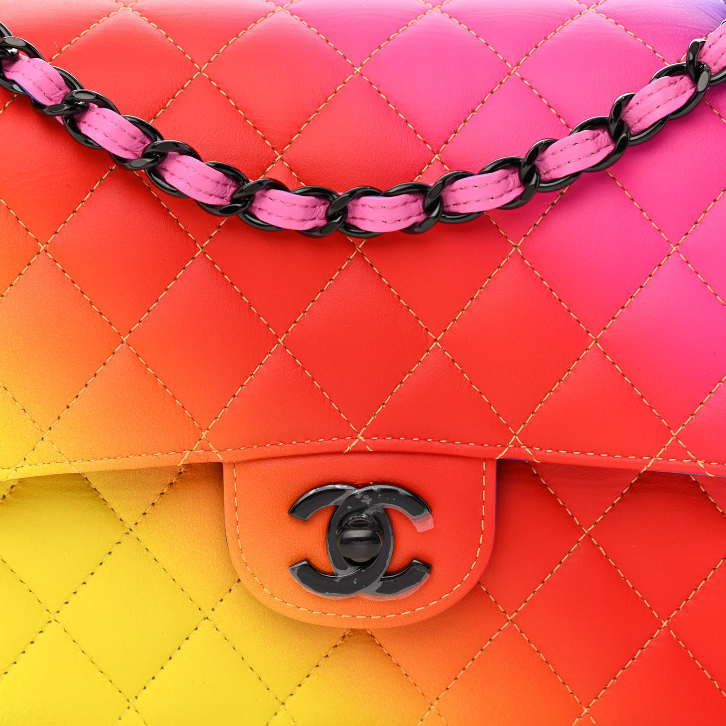 Calfskin Quilted Medium Rainbow Double Flap Multicolor