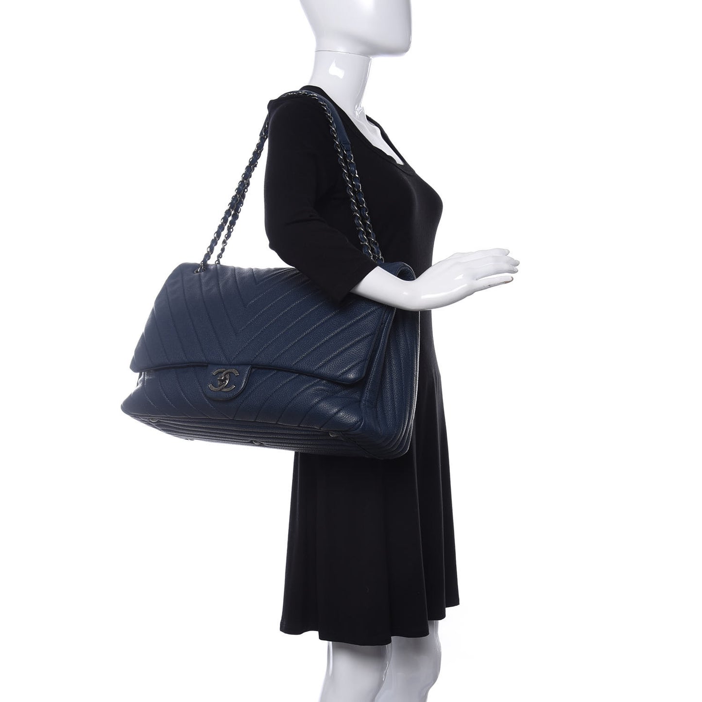 Calfskin Chevron Quilted XXL Travel Flap Bag Blue