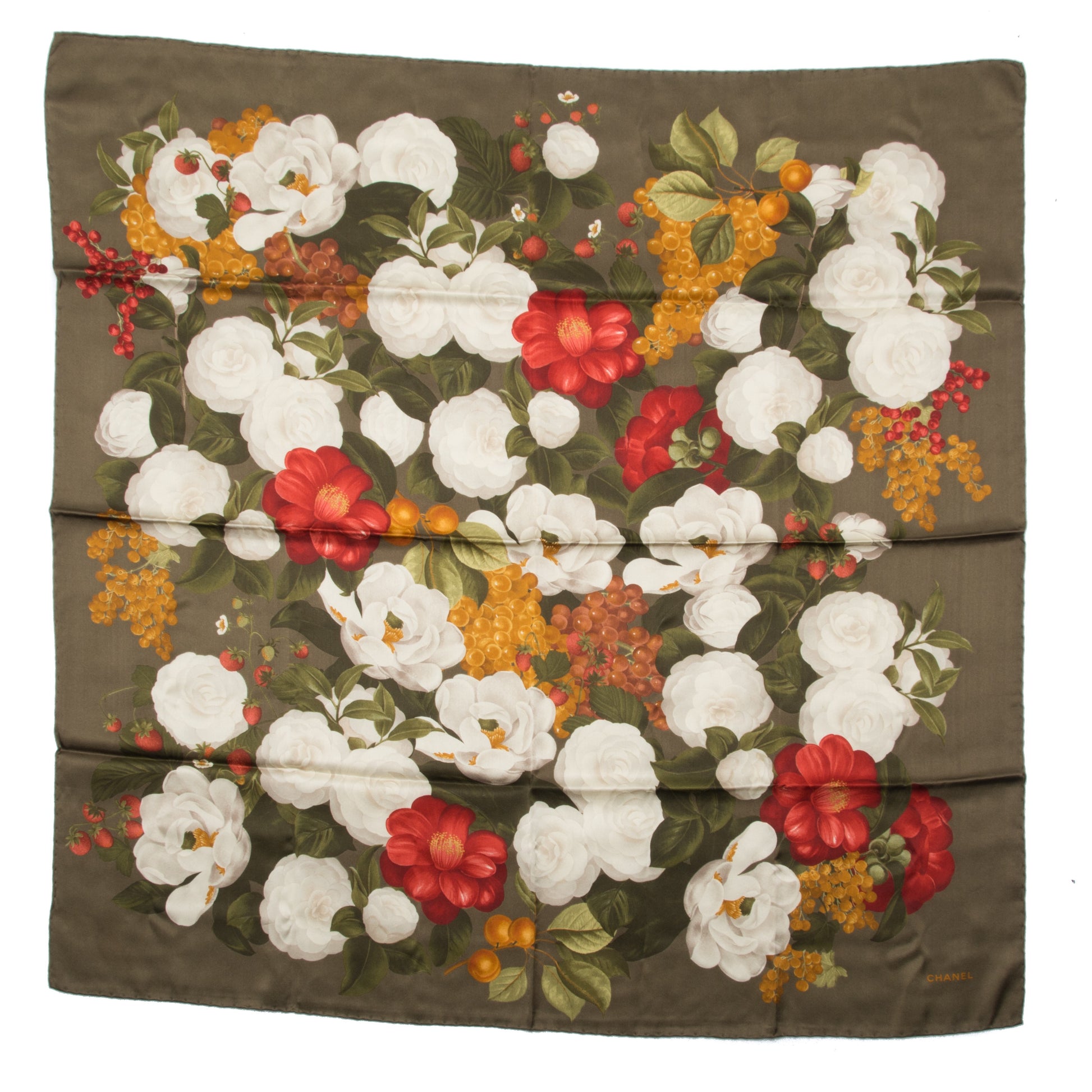 Chanel Silk Camellia Flower Scarf Green 1 of 5