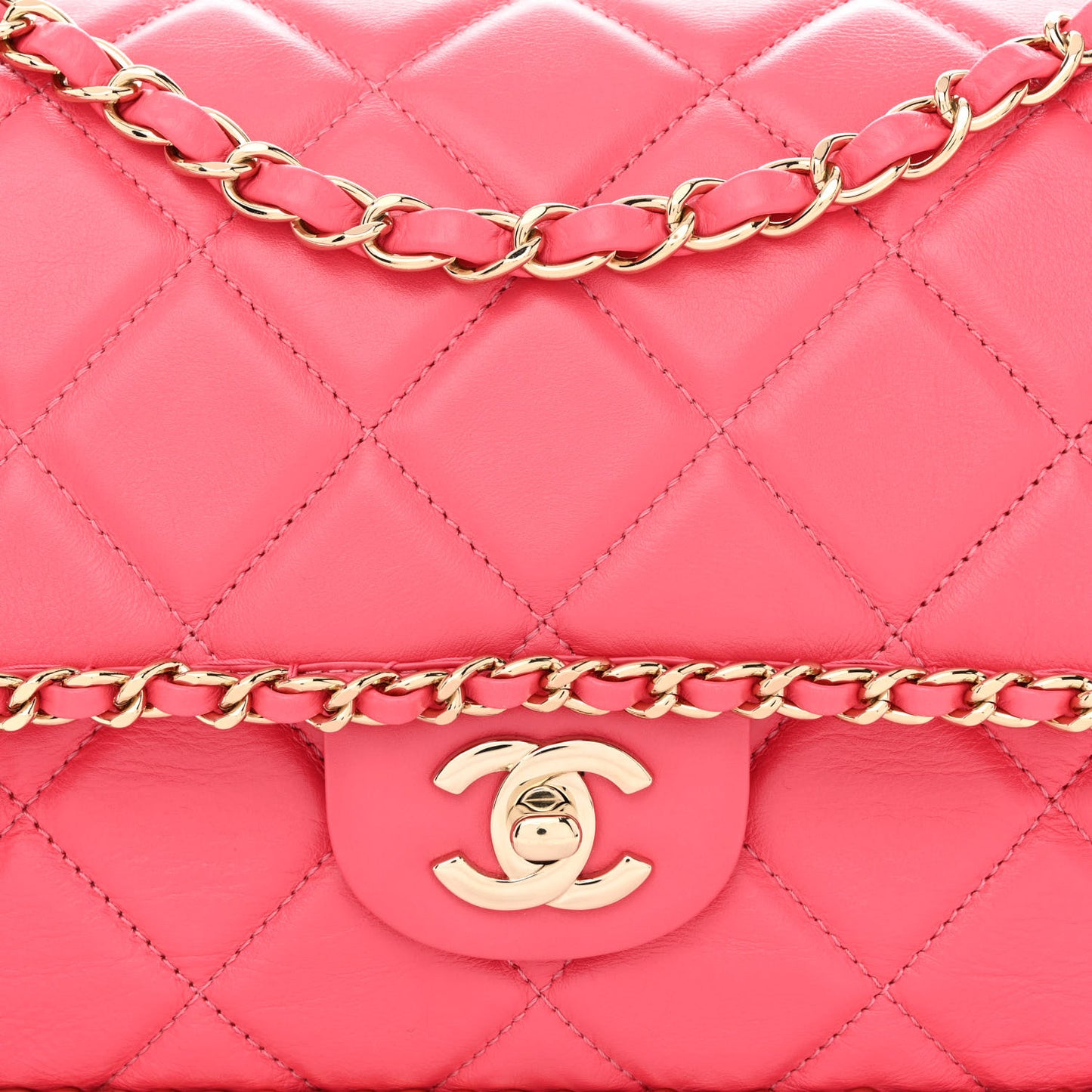 Crumpled Calfskin Quilted Medium Chain All Over Flap Pink