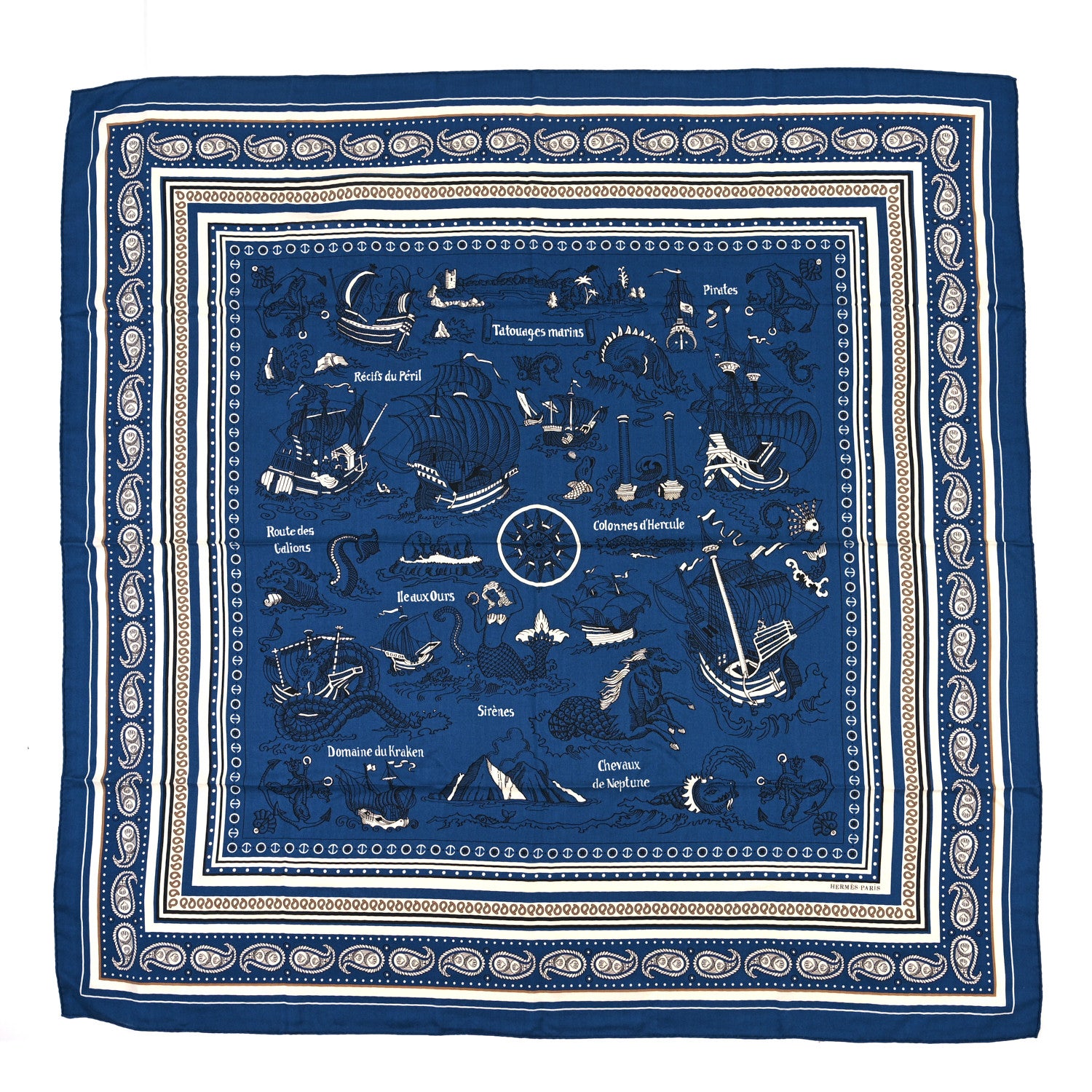 Hermes Silk Cashmere Tatouages Marins Shawl 140 Marine White 1 of 4