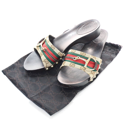Gucci Monogram Natural Pigskin Web Horsebit Clog Slide Sandals 9.5 Beige Ebony Cocoa 4 of 8