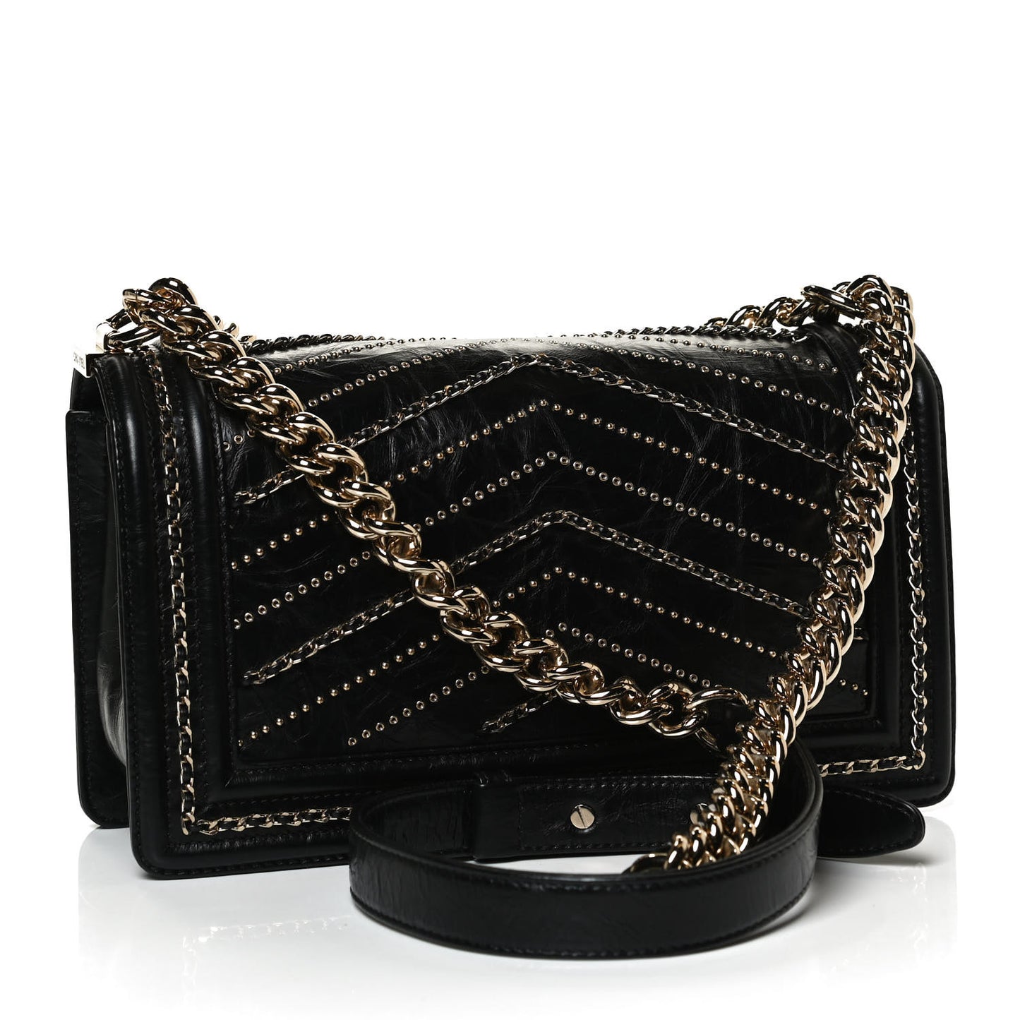 Crumpled Calfskin Chevron Chain Medium Boy Flap Black