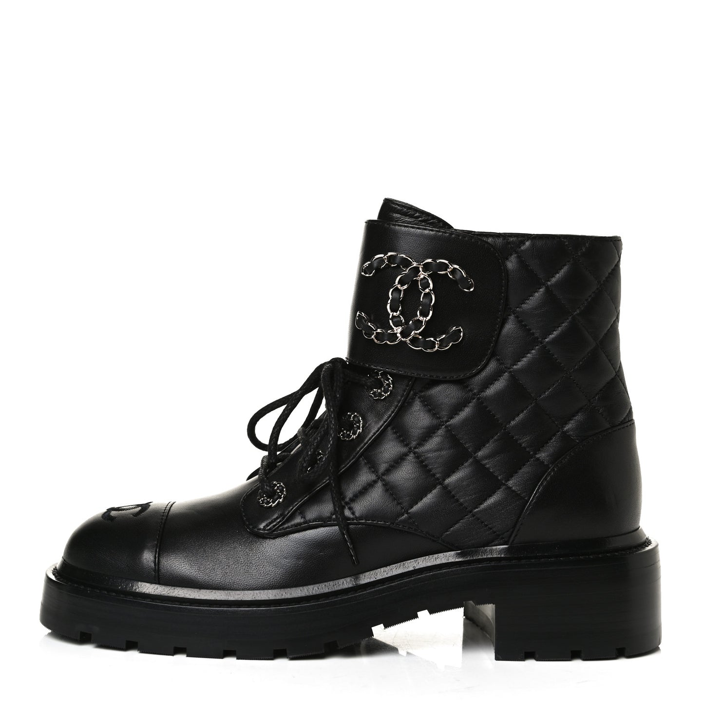 Shiny Lambskin Quilted Lace Up Combat Boots 37.5 Black