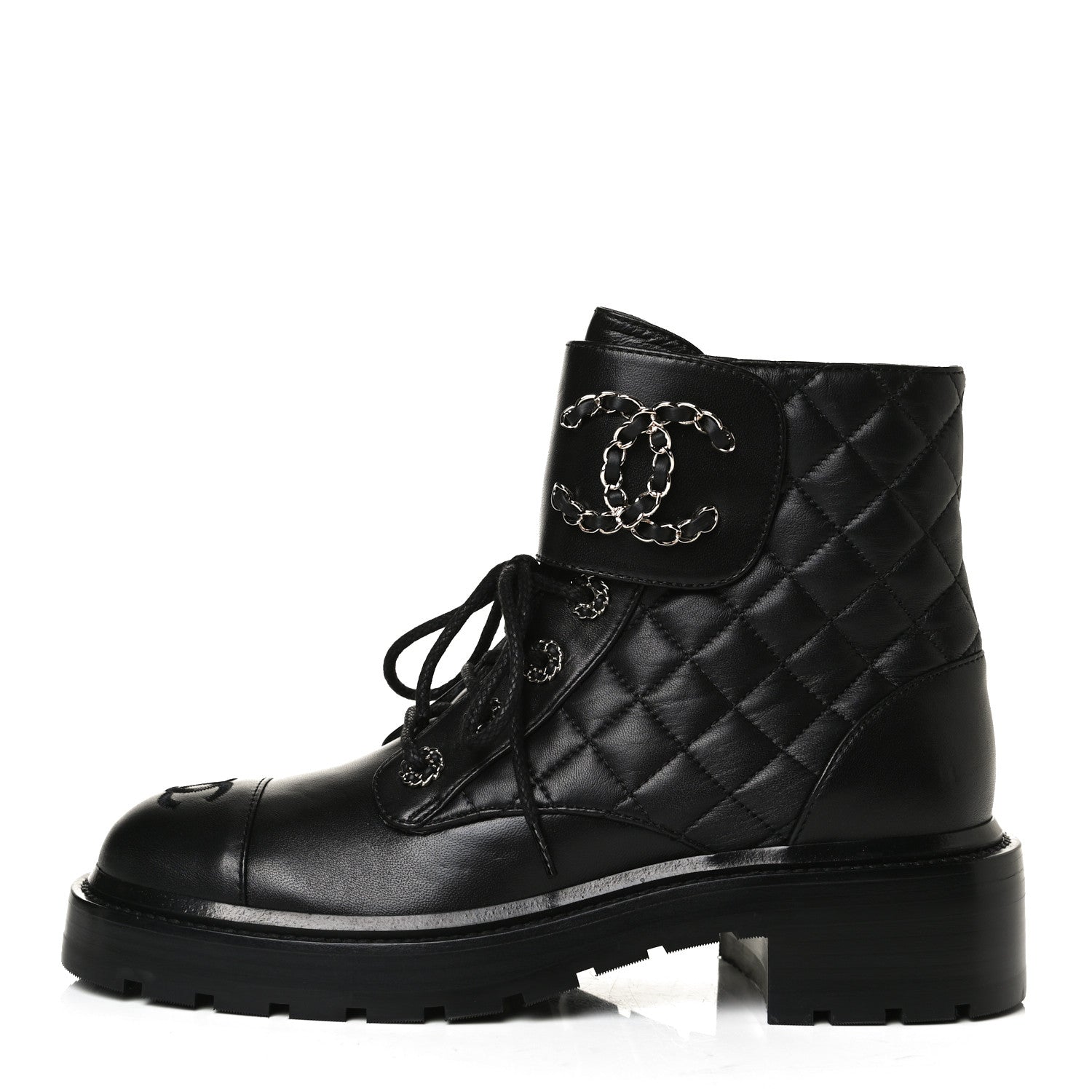Chanel Shiny Lambskin Quilted Lace Up Combat Boots 37.5 Black 1 of 14
