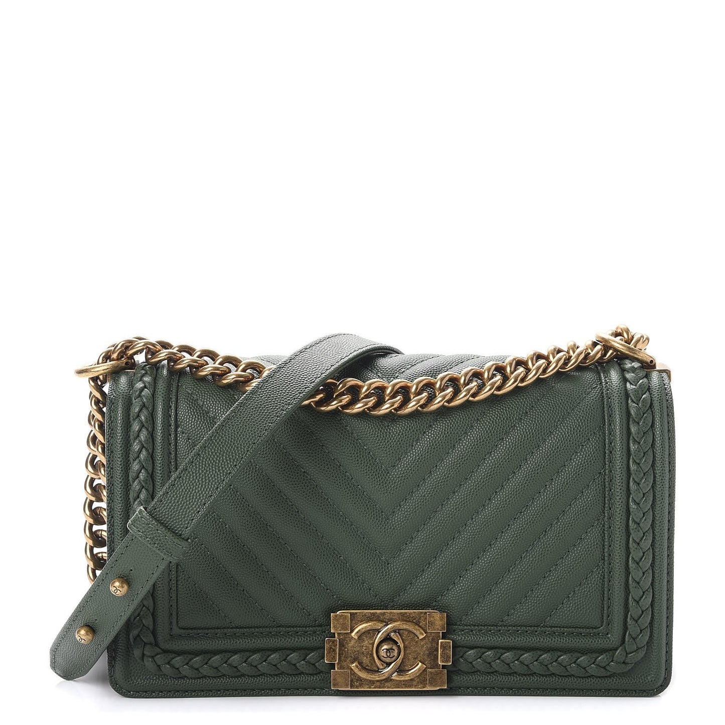 Caviar Chevron Quilted Braided Medium Boy Flap Dark Green
