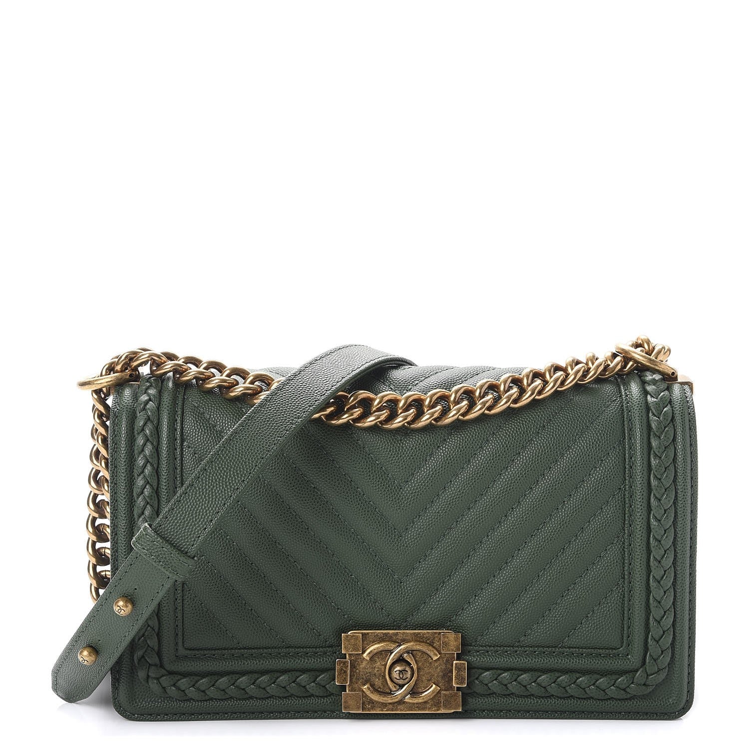 Chanel Caviar Chevron Quilted Braided Medium Boy Flap Dark Green 1 of 8