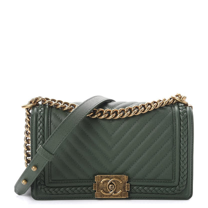 Chanel Caviar Chevron Quilted Braided Medium Boy Flap Dark Green 1 of 8