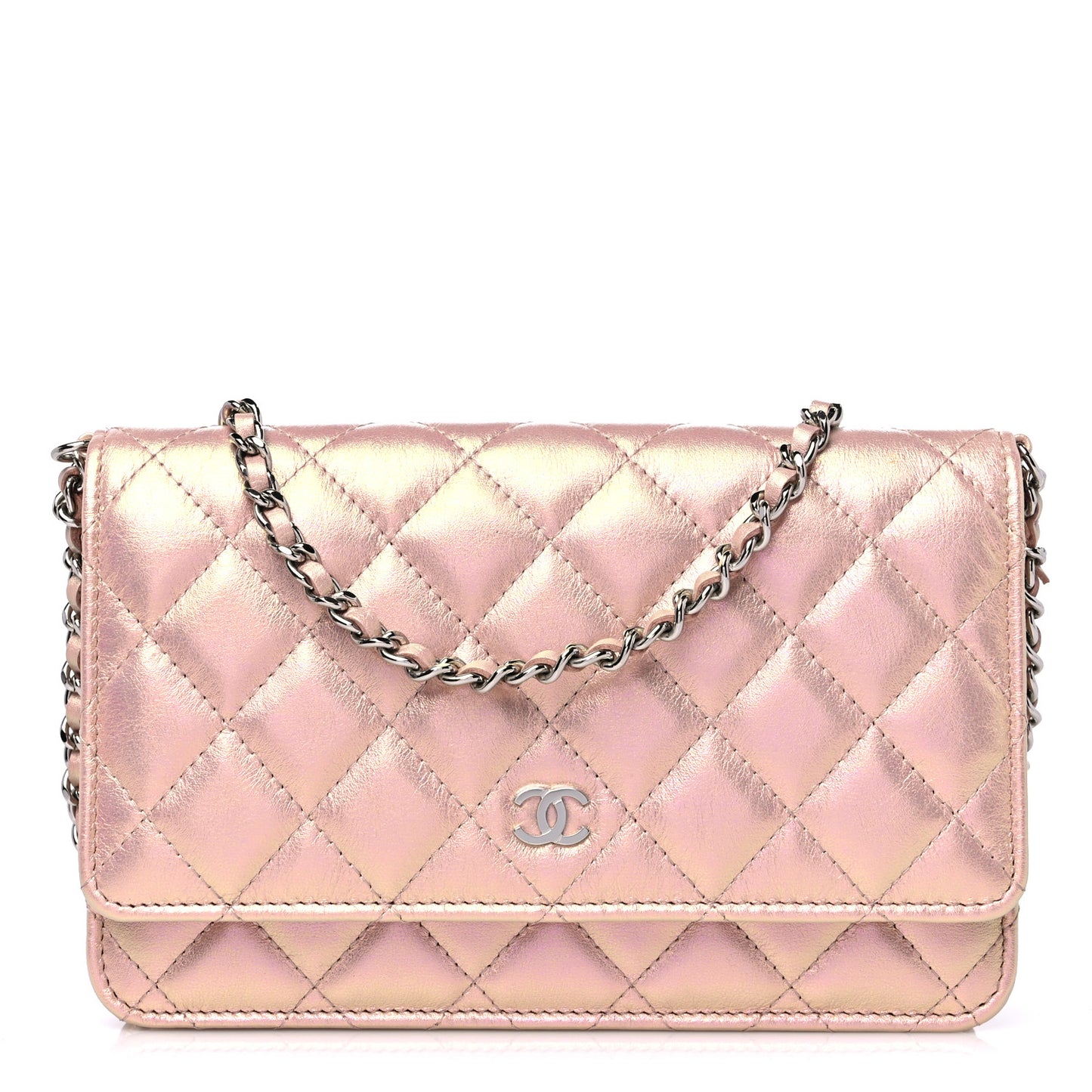 Iridescent Calfskin Quilted Wallet On Chain WOC Pink