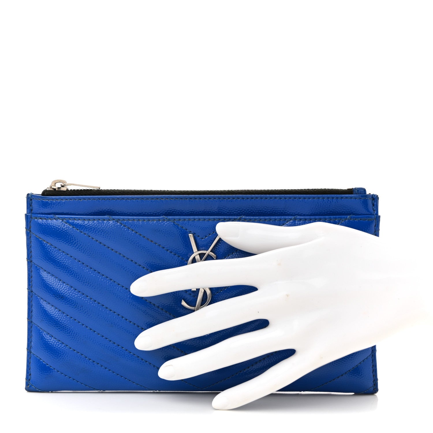 Saint Laurent Grain De Poudre Chevron Monogram Bill Pouch Neon Blue 2 of 13