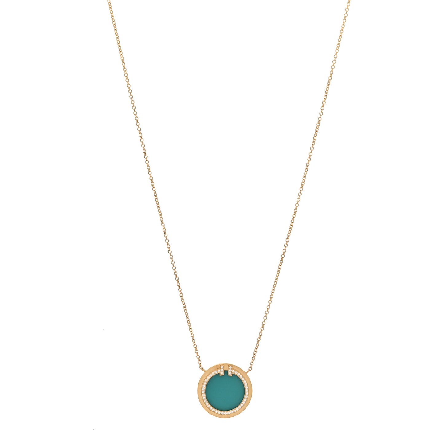 18K Yellow Gold Diamond Turquoise T Circle Pendant Necklace