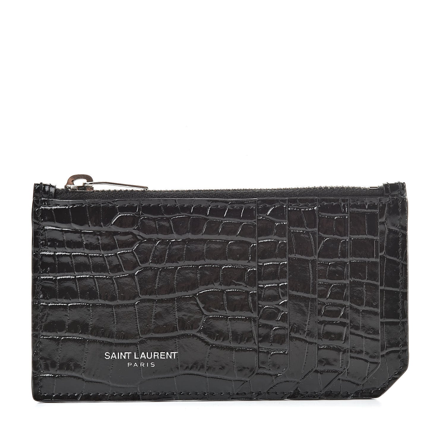 Calfskin Crocodile Embossed 5 Fragments Zip Pouch Card Holder Black