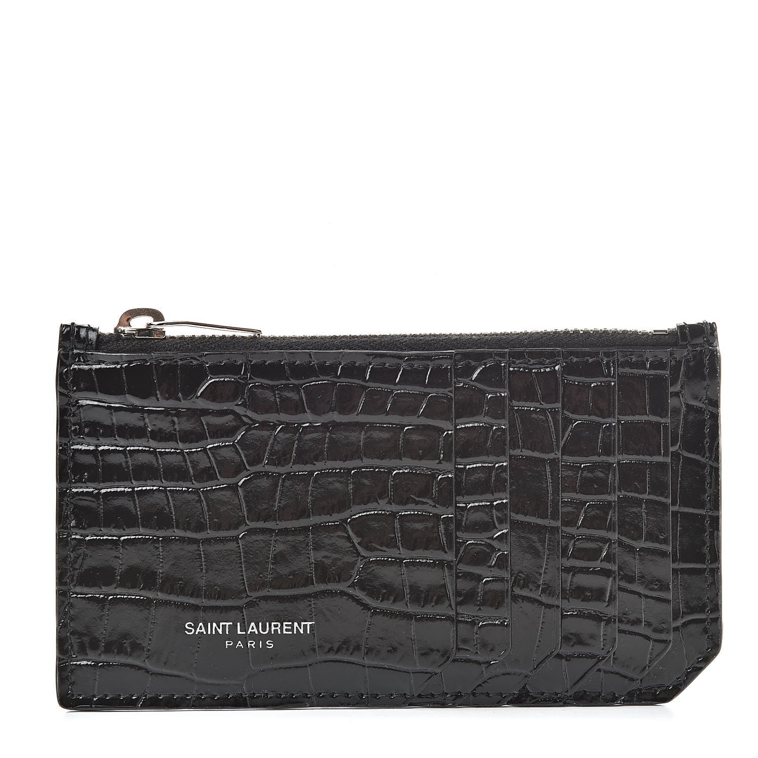 Saint Laurent Calfskin Crocodile Embossed 5 Fragments Zip Pouch Card Holder Black 1 of 8