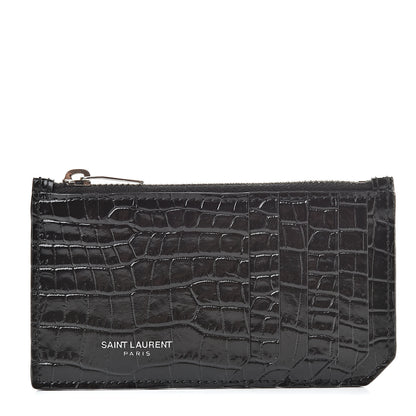 Saint Laurent Calfskin Crocodile Embossed 5 Fragments Zip Pouch Card Holder Black 1 of 8