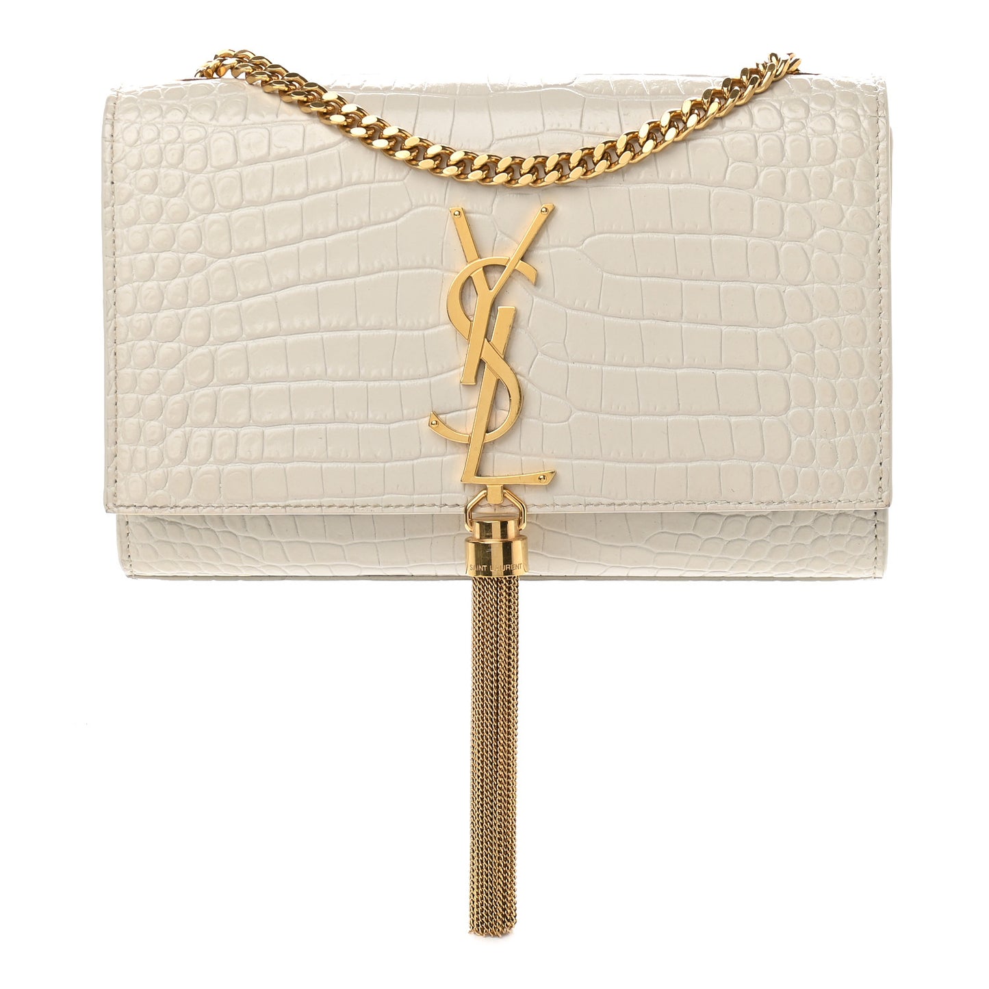 Calfskin Crocodile Embossed Small Classic Monogram Kate Tassel Satchel Crema Soft
