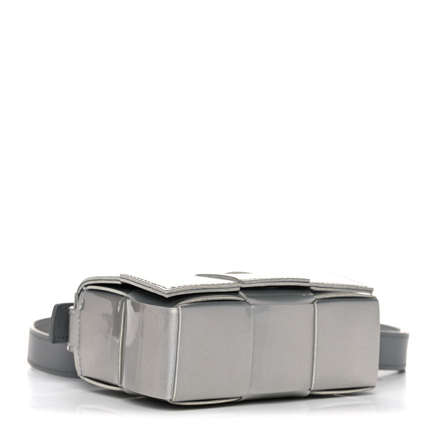 Metallic Patent Calfskin Maxi Intrecciato Extra Mini Cassette Crossbody Bag Silver