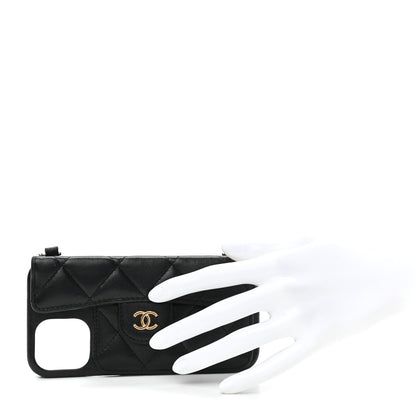 Chanel Lambskin Quilted Pearl Crush iPhone XII Pro Holder With Chain Black 2 of 9