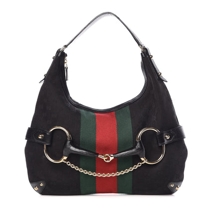Gucci Monogram Large Horsebit Web Hobo Black 1 of 11