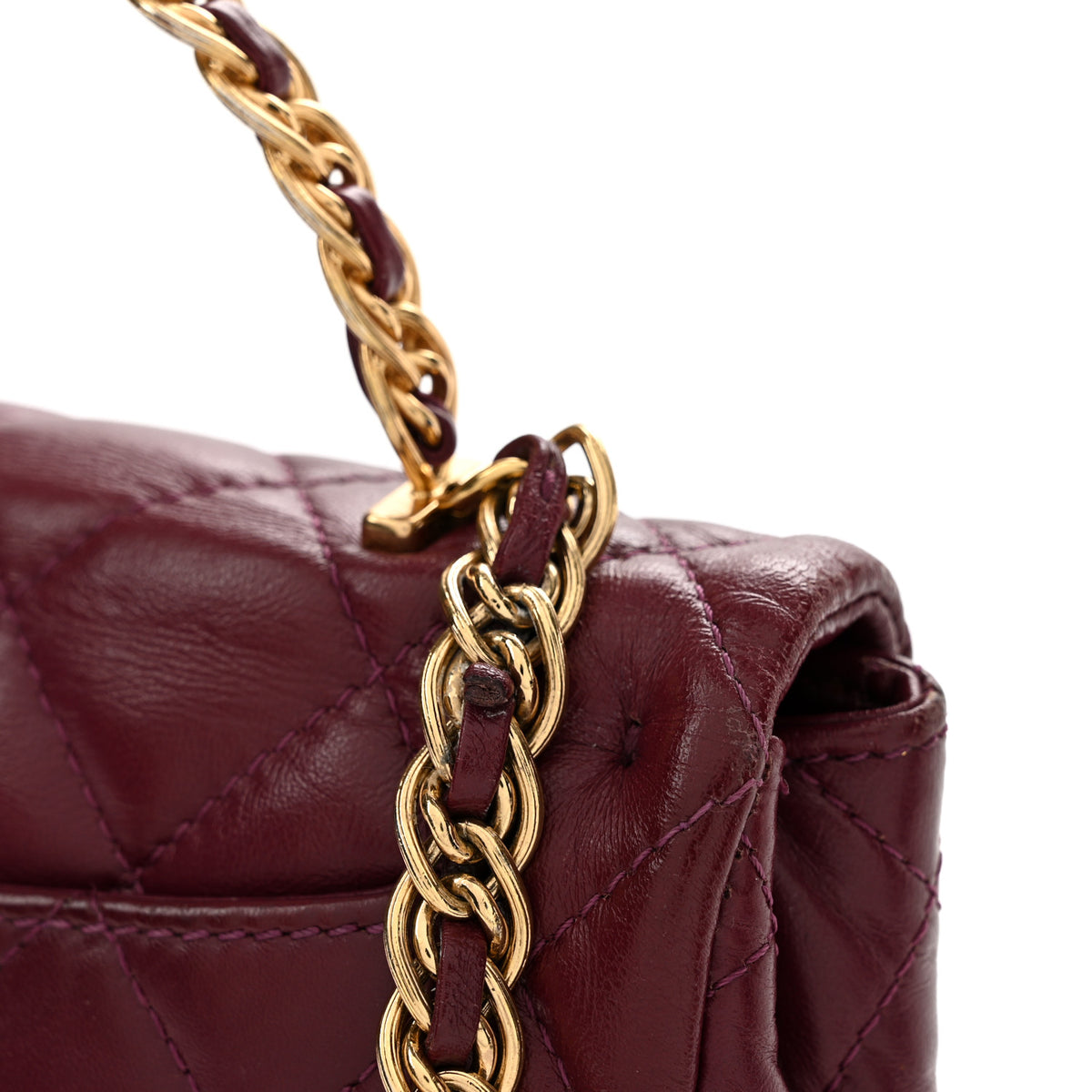 Shiny Lambskin Quilted Golden Links Top Handle Flap Dark Purple
